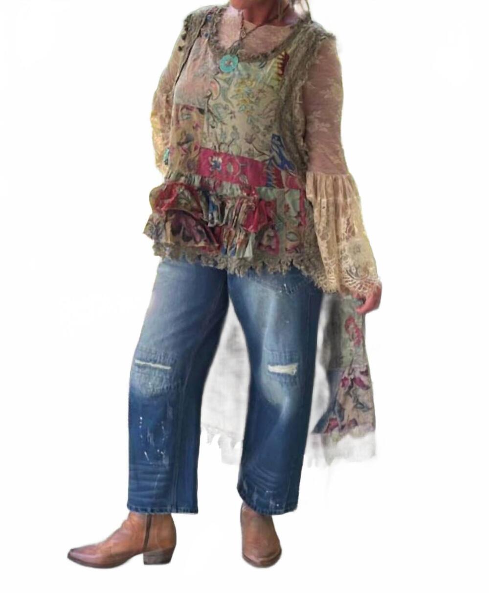 NEW JADED GYPSY ruffle up high-lo top in red/blue floral